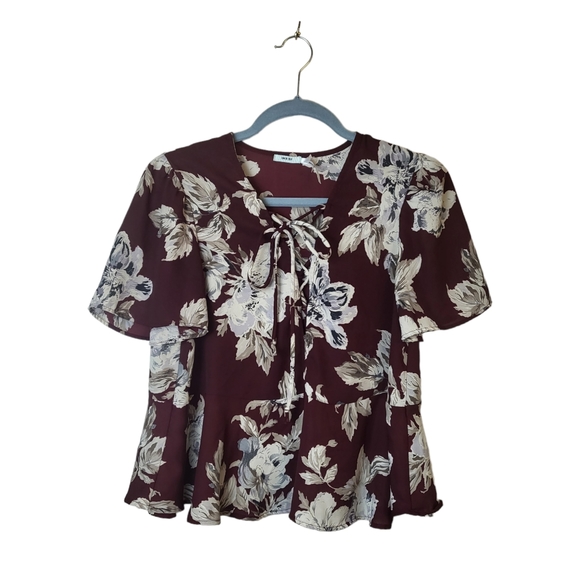 UO Kimchi Blue Deep Red Floral Babydoll Blouse - Picture 1 of 7